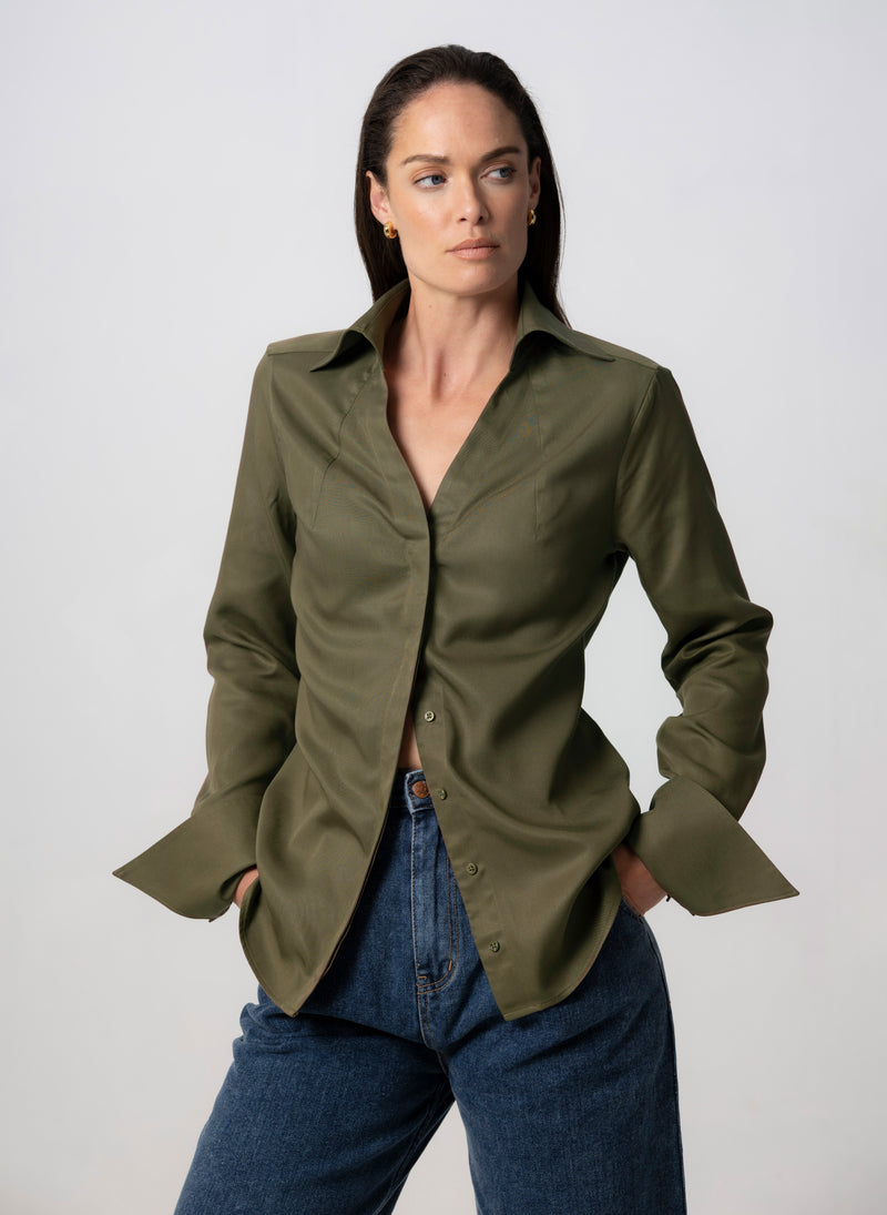 MADELENA "THE BOSS" KHAKI TAILORED V-NECK SHIRT IN TENCEL