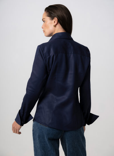 MADELENA "THE BOSS" NAVY TAILORED V-NECK SHIRT IN TENCEL