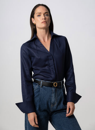 MADELENA "THE BOSS" NAVY TAILORED V-NECK SHIRT IN TENCEL