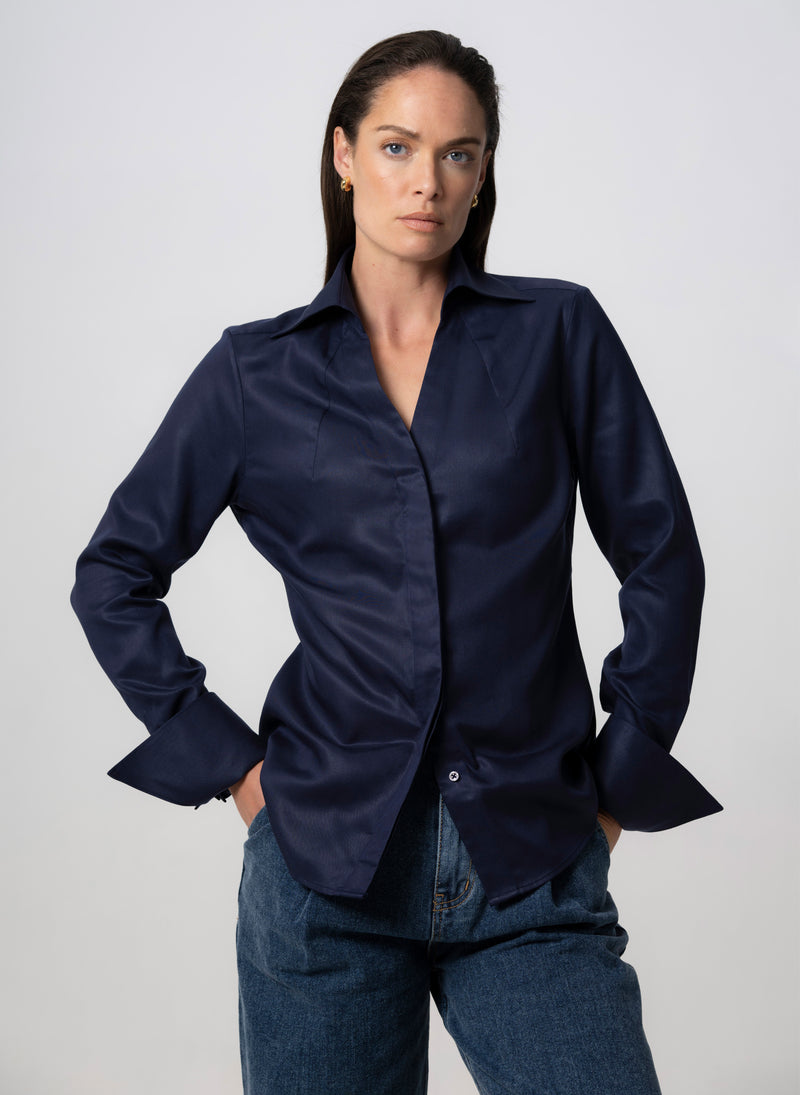 MADELENA "THE BOSS" NAVY TAILORED V-NECK SHIRT IN TENCEL