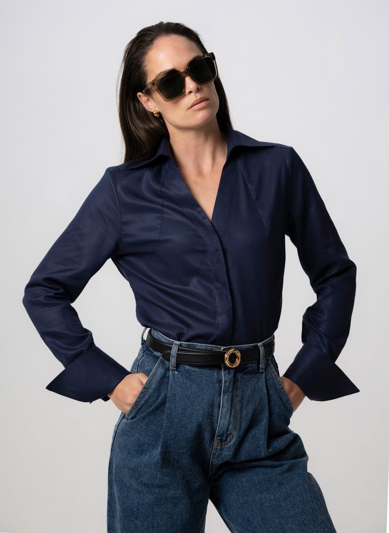 MADELENA "THE BOSS" NAVY TAILORED V-NECK SHIRT IN TENCEL