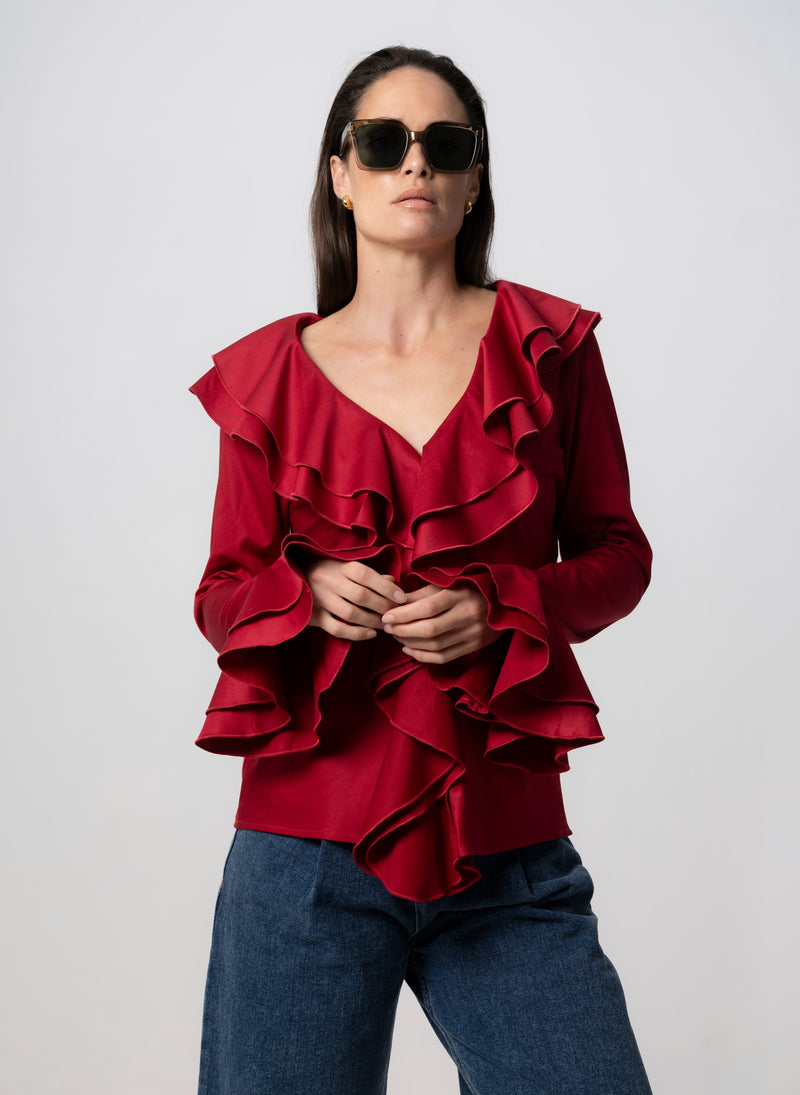 MARCELLA DARK RED RUFFLE POP-OVER COTTON BLOUSE