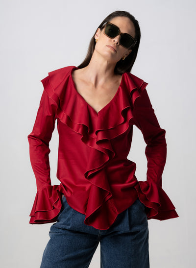 MARCELLA DARK RED RUFFLE POP-OVER COTTON BLOUSE