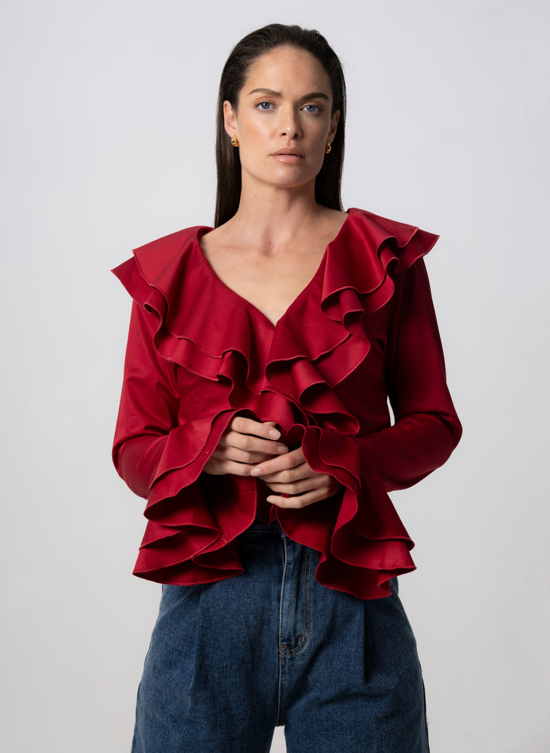 MARCELLA DARK RED RUFFLE POP-OVER COTTON BLOUSE