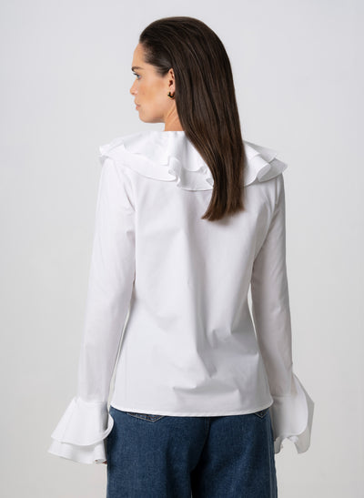 MARCELLA WHITE RUFFLE POP-OVER COTTON BLOUSE