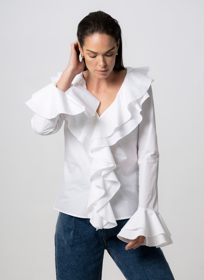 MARCELLA WHITE RUFFLE POP-OVER COTTON BLOUSE