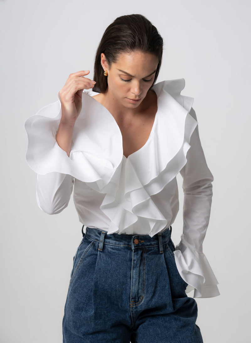 MARCELLA WHITE RUFFLE POP-OVER COTTON BLOUSE