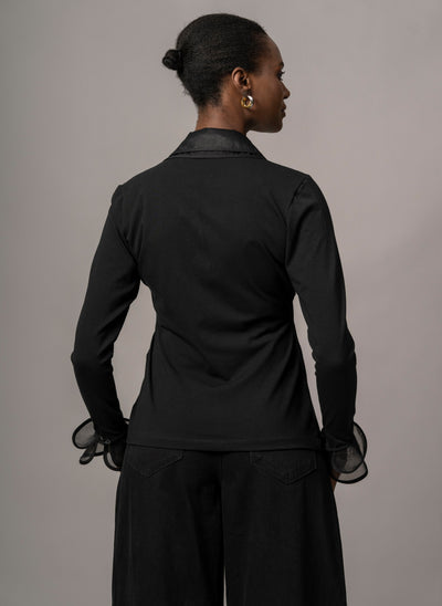 MARICA BLACK V-NECK JERSEY SHIRT WITH ORGANDIE TRIM