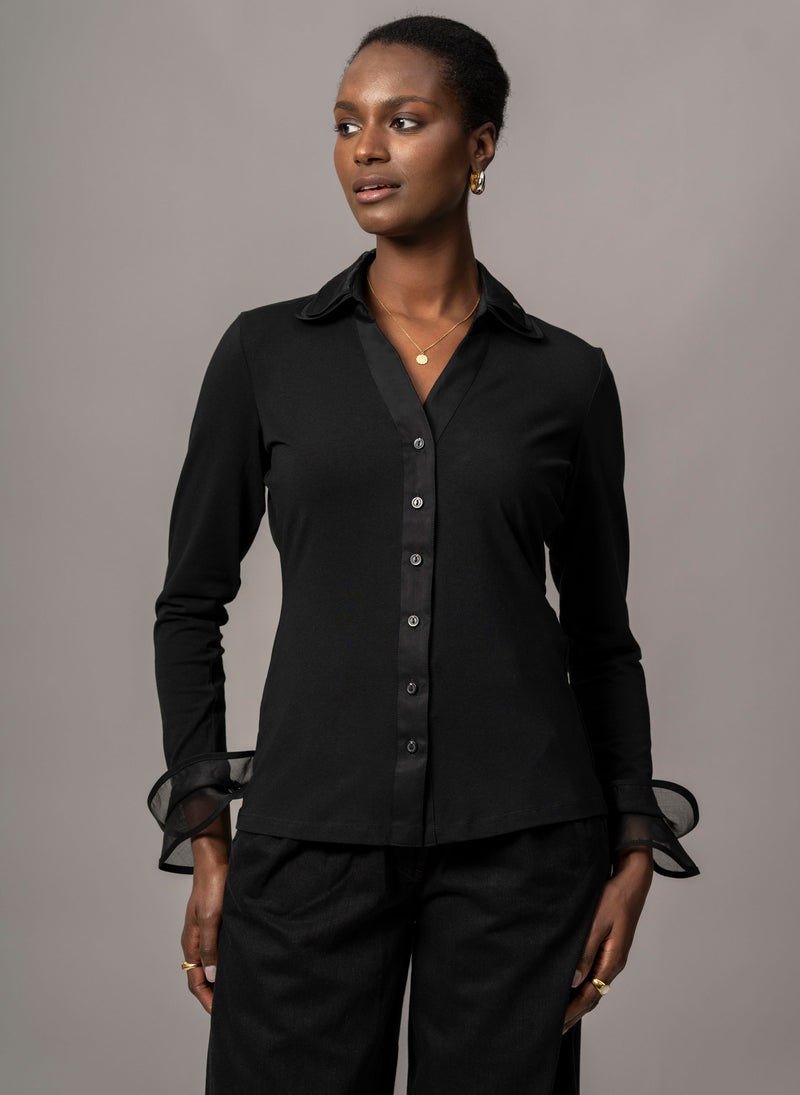 MARICA BLACK V-NECK JERSEY SHIRT WITH ORGANDIE TRIM