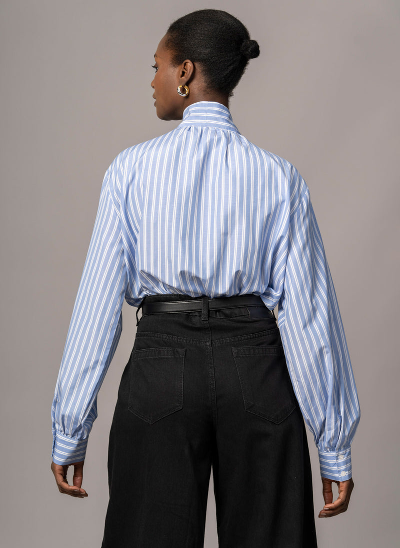 Mary Easy Fit Flowing Pussy Bow Blouse in Blue & White Stripe