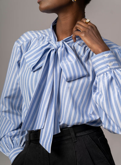 Mary Easy Fit Flowing Pussy Bow Blouse in Blue & White Stripe