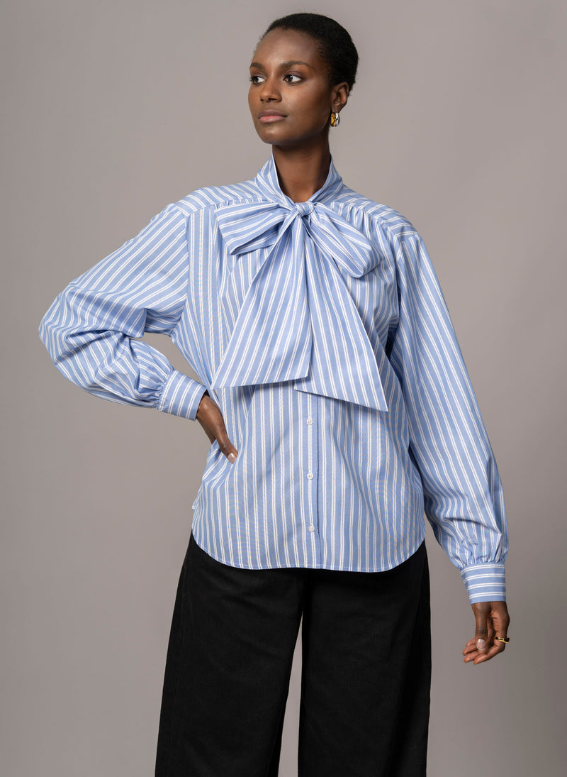 Mary Easy Fit Flowing Pussy Bow Blouse in Blue & White Stripe