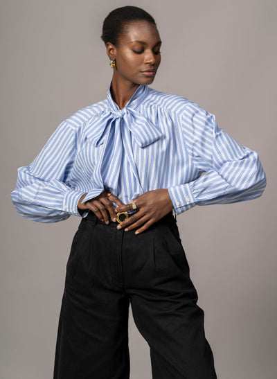 Mary Easy Fit Flowing Pussy Bow Blouse in Blue & White Stripe