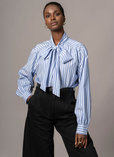 Mary Easy Fit Flowing Pussy Bow Blouse in Blue & White Stripe