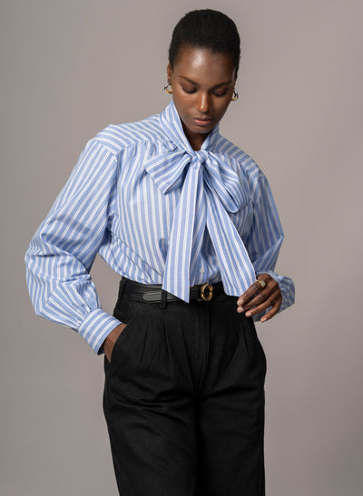 Mary Easy Fit Flowing Pussy Bow Blouse in Blue & White Stripe