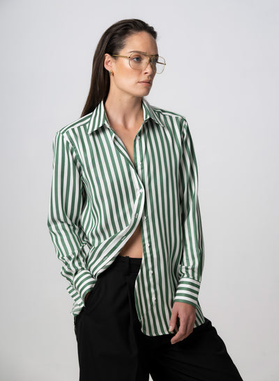 MAX RELAXED FIT GREEN STRIPE SHIRT IN TENCEL