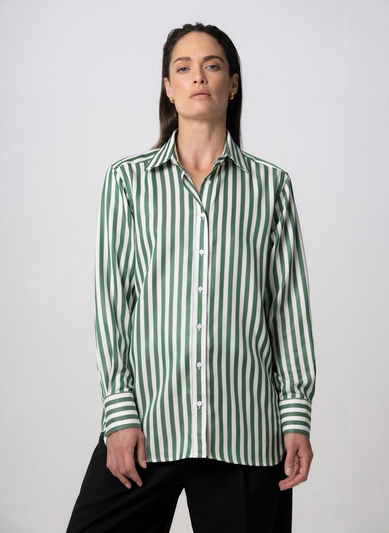 MAX RELAXED FIT GREEN STRIPE SHIRT IN TENCEL