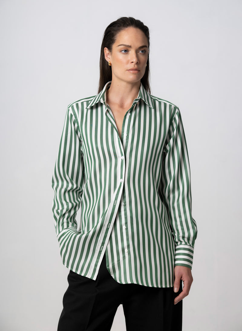 MAX RELAXED FIT GREEN STRIPE SHIRT IN TENCEL