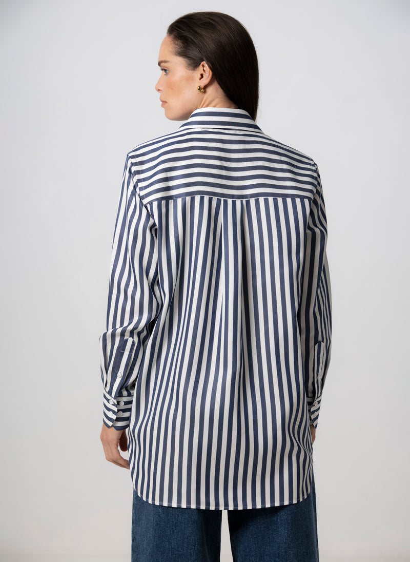 MAX RELAXED FIT NAVY STRIPE SHIRT IN TENCEL