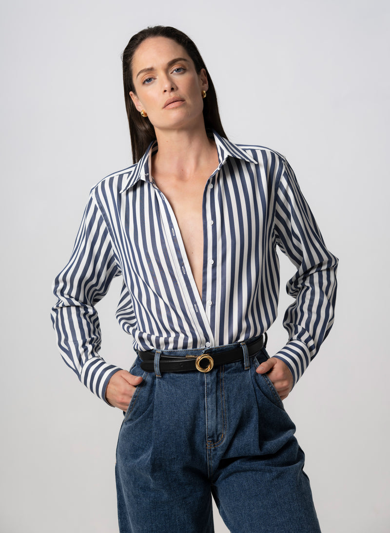 MAX RELAXED FIT NAVY STRIPE SHIRT IN TENCEL