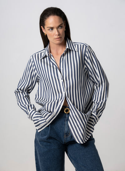 MAX RELAXED FIT NAVY STRIPE SHIRT IN TENCEL