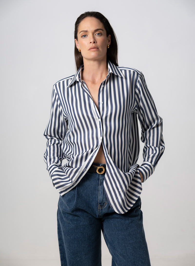 MAX RELAXED FIT NAVY STRIPE SHIRT IN TENCEL