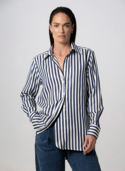 MAX RELAXED FIT NAVY STRIPE SHIRT IN TENCEL