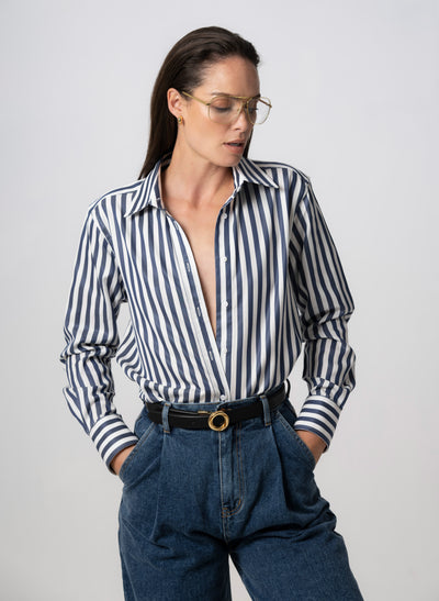 MAX RELAXED FIT NAVY STRIPE SHIRT IN TENCEL