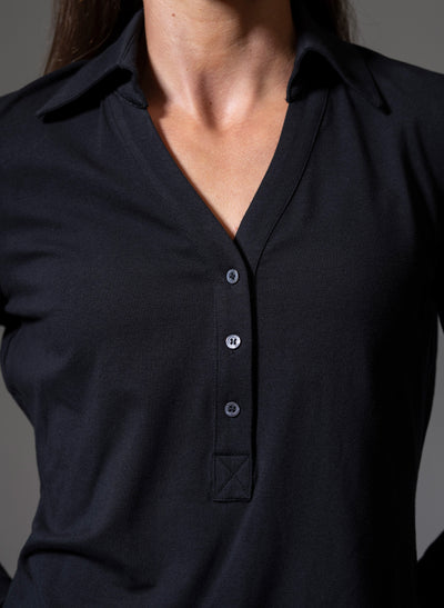 MEREDITH BLACK COMFORTABLE COTTON JERSEY OPEN COLLAR SHIRT