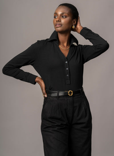 MEREDITH BLACK COMFORTABLE COTTON JERSEY OPEN COLLAR SHIRT