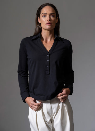 MEREDITH BLACK COMFORTABLE COTTON JERSEY OPEN COLLAR SHIRT