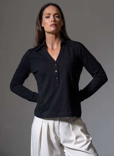 MEREDITH BLACK COMFORTABLE COTTON JERSEY OPEN COLLAR SHIRT