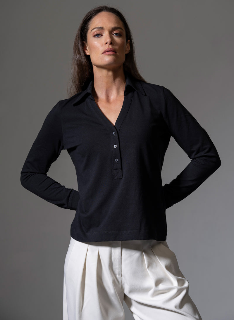 MEREDITH BLACK COMFORTABLE COTTON JERSEY OPEN COLLAR SHIRT