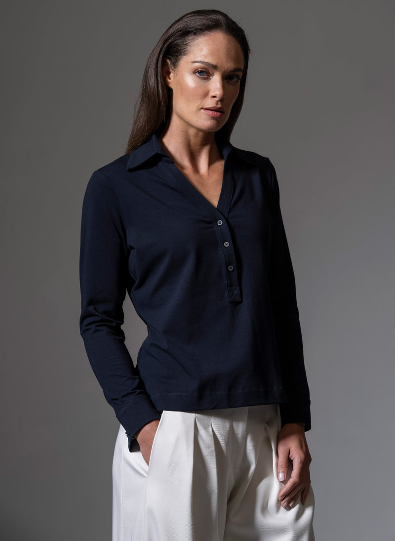 MEREDITH NAVY COMFORTABLE COTTON JERSEY OPEN COLLAR SHIRT