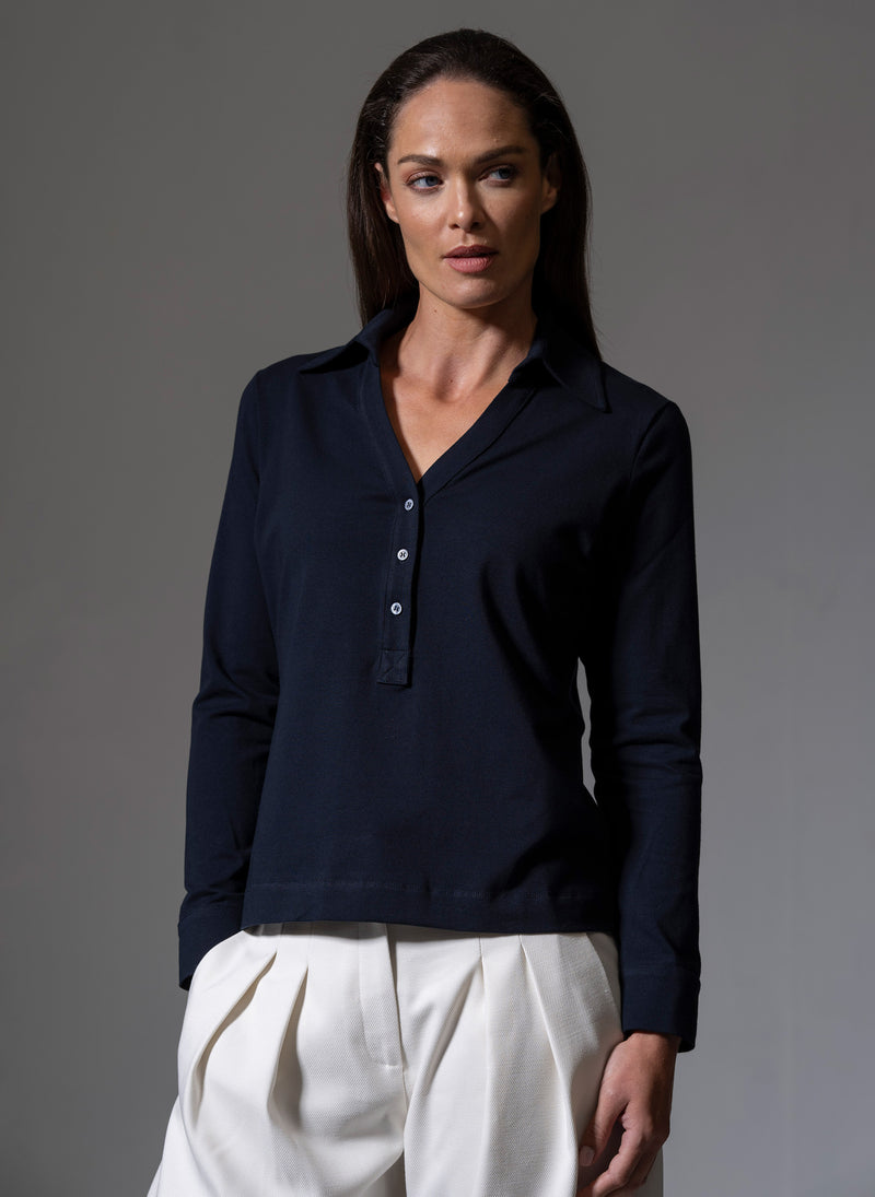 MEREDITH NAVY COMFORTABLE COTTON JERSEY OPEN COLLAR SHIRT