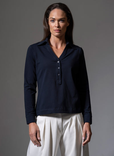 MEREDITH NAVY COMFORTABLE COTTON JERSEY OPEN COLLAR SHIRT