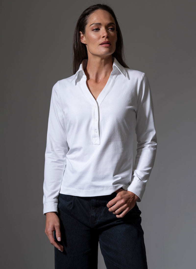 MEREDITH WHITE COMFORTABLE COTTON JERSEY OPEN COLLAR SHIRT