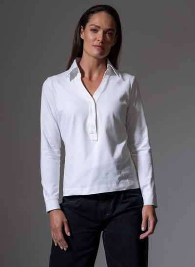 MEREDITH WHITE COMFORTABLE COTTON JERSEY OPEN COLLAR SHIRT