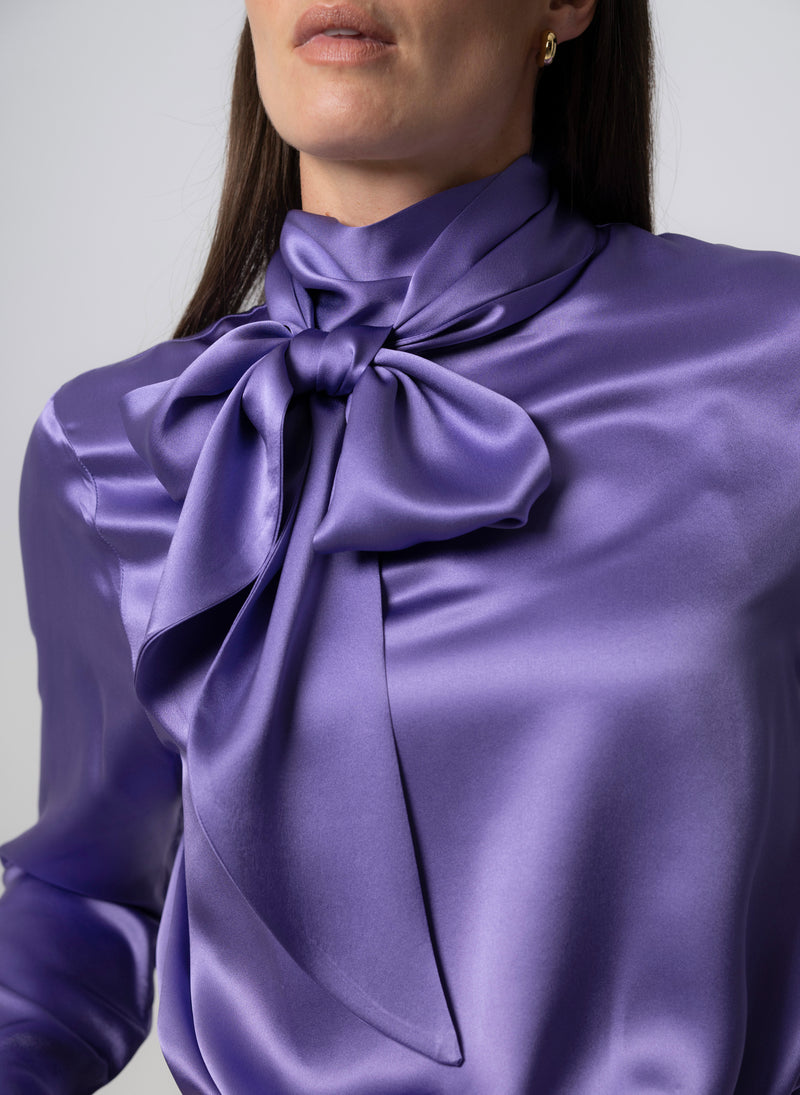 MRS THATCHER AMETHYST SILK PUSSYBOW BLOUSE