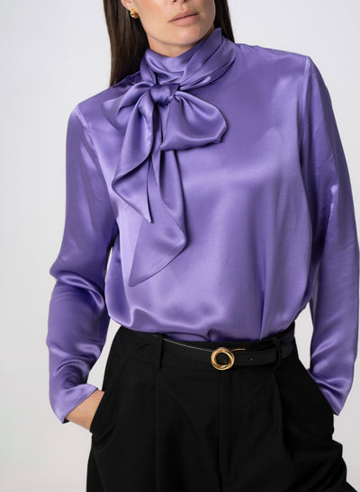 MRS THATCHER AMETHYST SILK PUSSYBOW BLOUSE