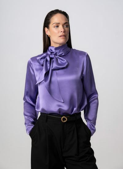 MRS THATCHER AMETHYST SILK PUSSYBOW BLOUSE