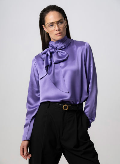 MRS THATCHER AMETHYST SILK PUSSYBOW BLOUSE