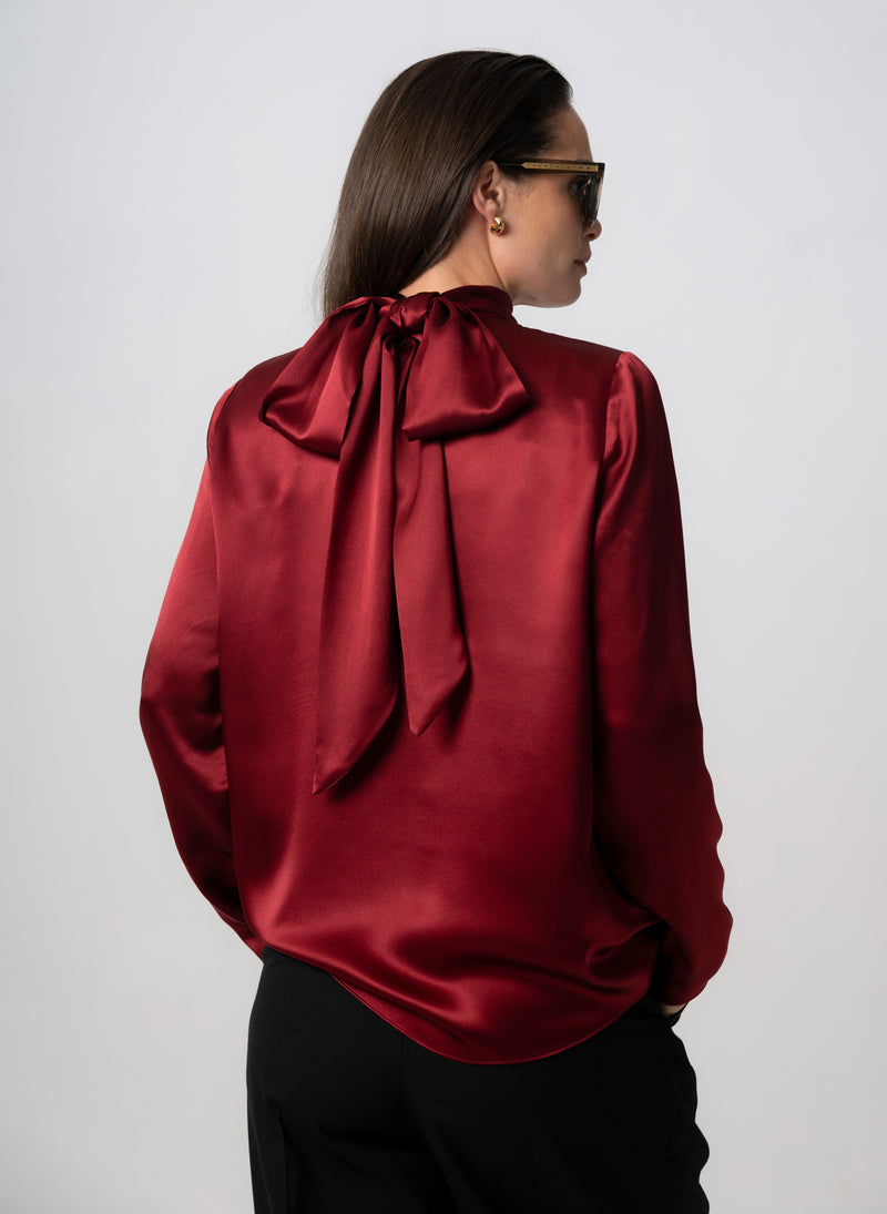 MRS THATCHER CLARET SILK PUSSYBOW BLOUSE