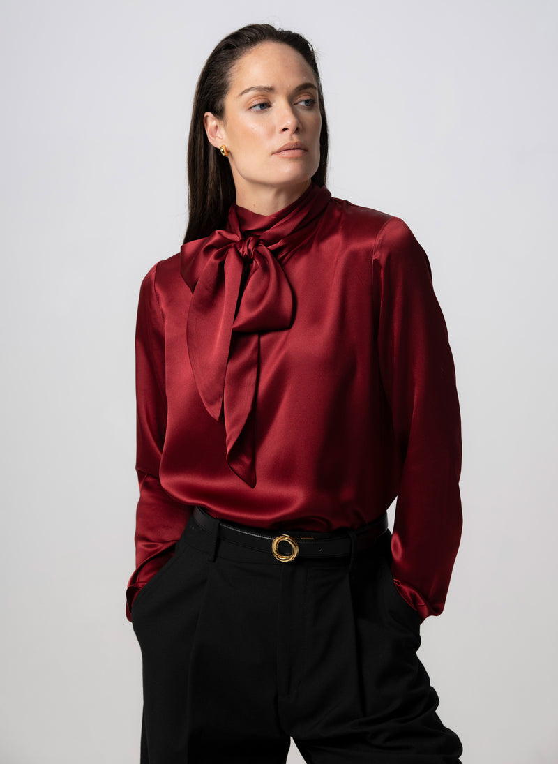 MRS THATCHER CLARET SILK PUSSYBOW BLOUSE