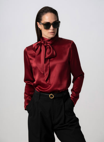 MRS THATCHER CLARET SILK PUSSYBOW BLOUSE