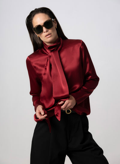 MRS THATCHER CLARET SILK PUSSYBOW BLOUSE