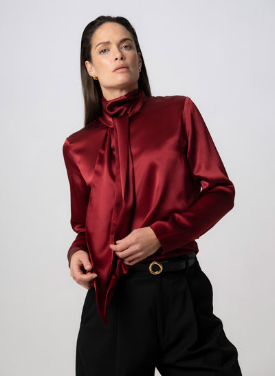 MRS THATCHER CLARET SILK PUSSYBOW BLOUSE