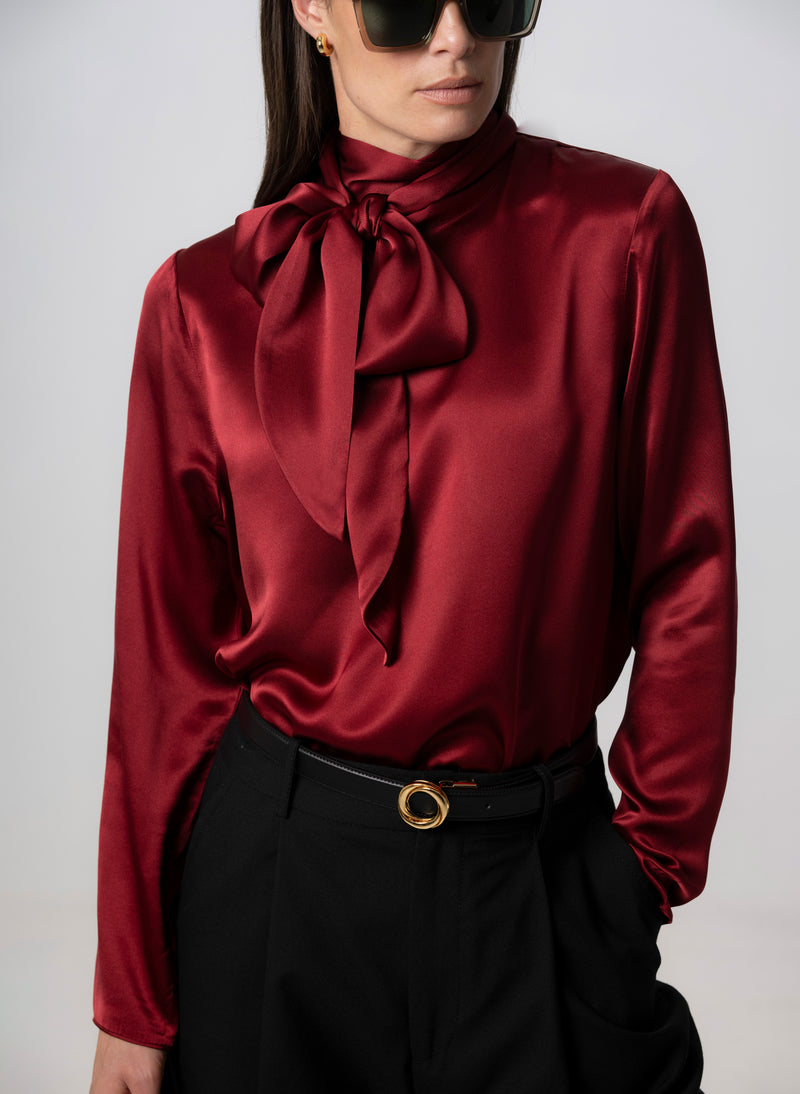 MRS THATCHER CLARET SILK PUSSYBOW BLOUSE