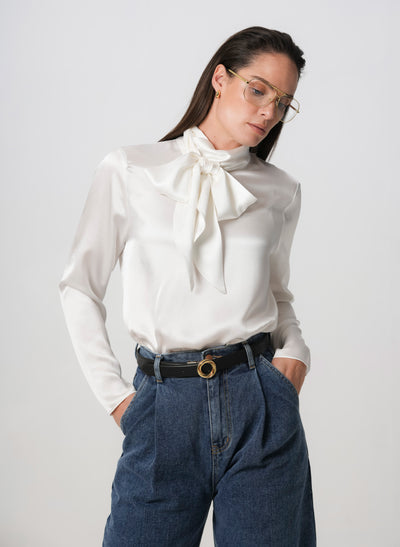 MRS THATCHER IVORY SILK PUSSYBOW BLOUSE