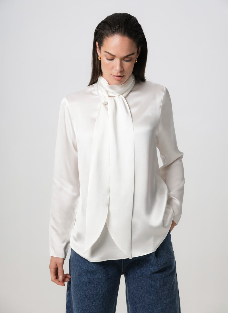 MRS THATCHER IVORY SILK PUSSYBOW BLOUSE